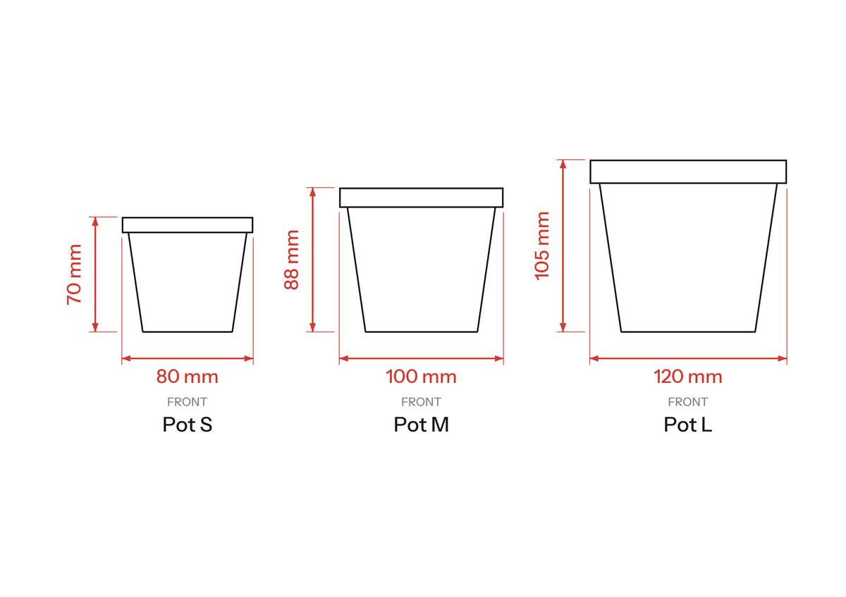 Three flower pots, sizes S, M and L, in front view with red width and height dimension lines: 80 × 70 mm, 100 × 88 mm and 120 × 105 mm